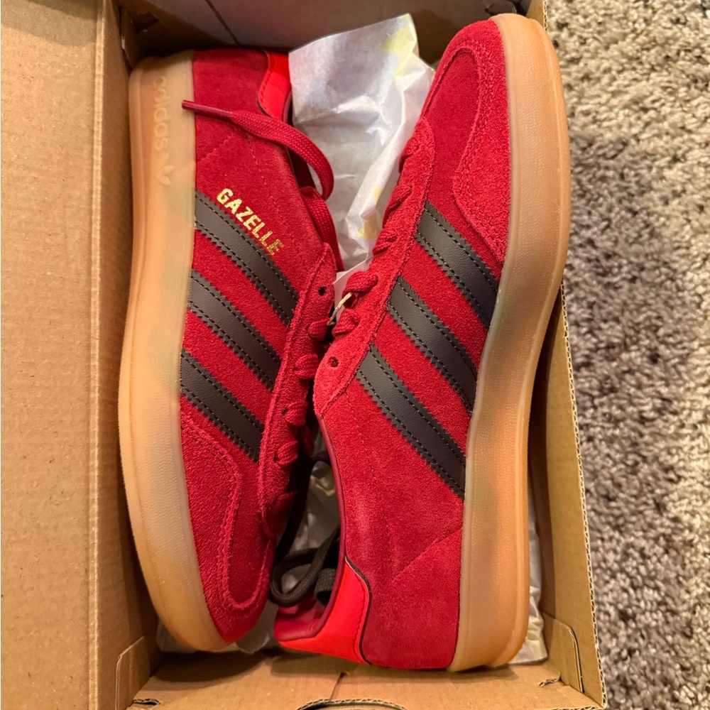 adidas Gazelle Red Suede Sneakers with Black Stripes and Gum Sole